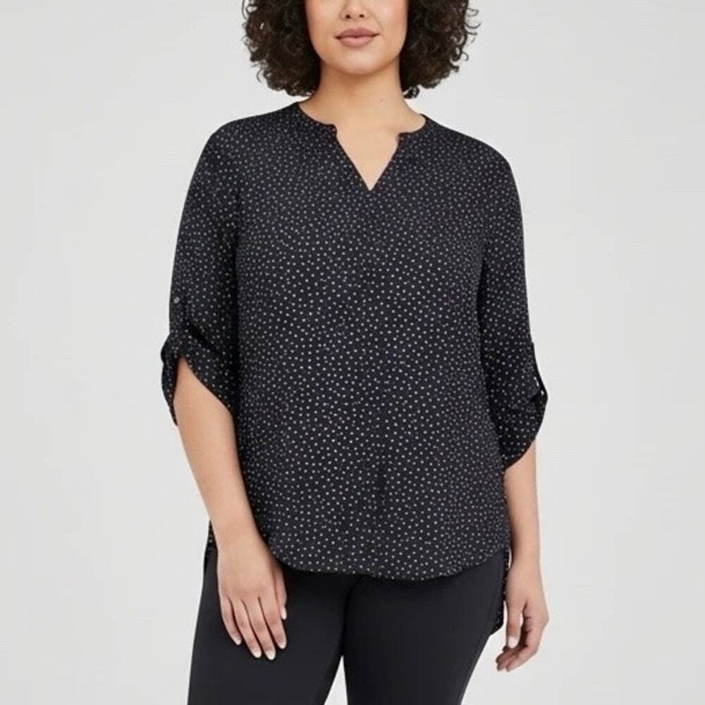 Sweet Rain Women’s XL Navy Blue Print Roll-Up 3/4 Sleeve Blouse Cowl Neck